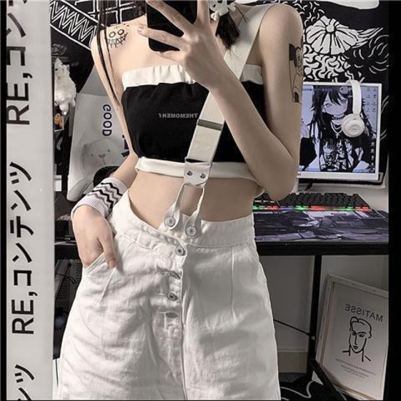 Slimming High Waist One Shoulder Shoulder Strap Jeans Summer