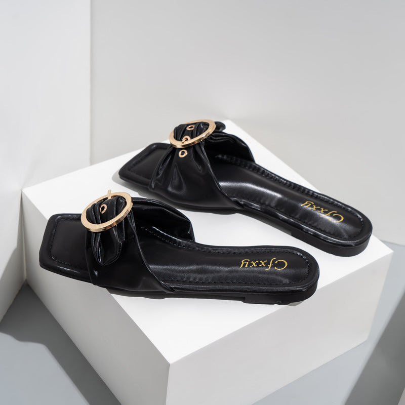 Korean Style Fashion Belt Buckle Flat Heel Women's Shoes Solid Color Square Toe Sandals