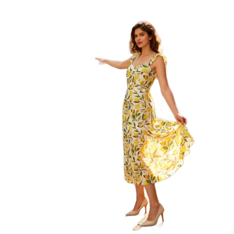 French Style Floral Strap Mid Length Split Womens Dress
