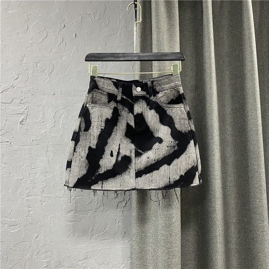 Women's High Waist Denim Skirt With Frayed Edges