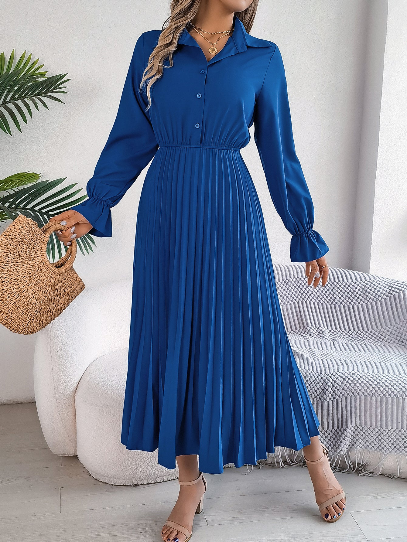 Women's Casual Lapel Button Long Sleeve Tie Waist Pleated Maxi Dress