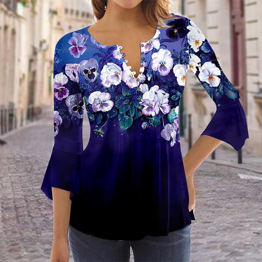 Women's Floral Printed 34 Sleeves V-neck Buttons Shirt