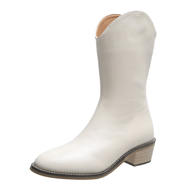 Pointed Mid-tube Thick Heel Short Boots