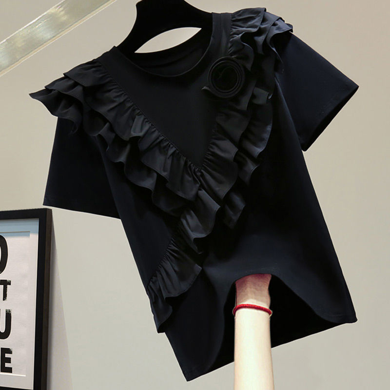 Women's Loose Slimming Flounce All-match Solid Color Short Sleeve