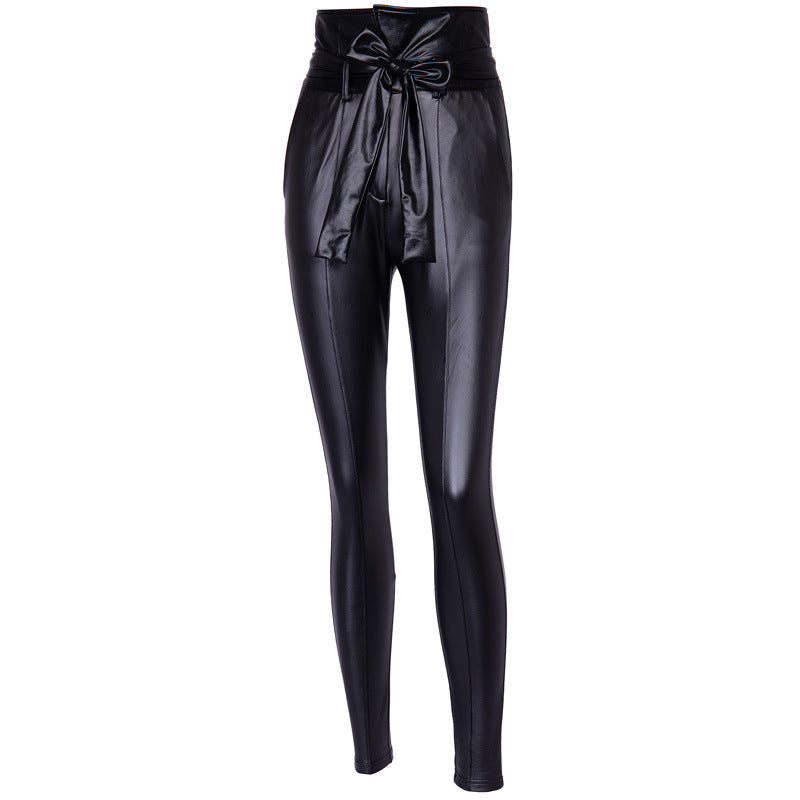 PU bright leather stitching casual tights