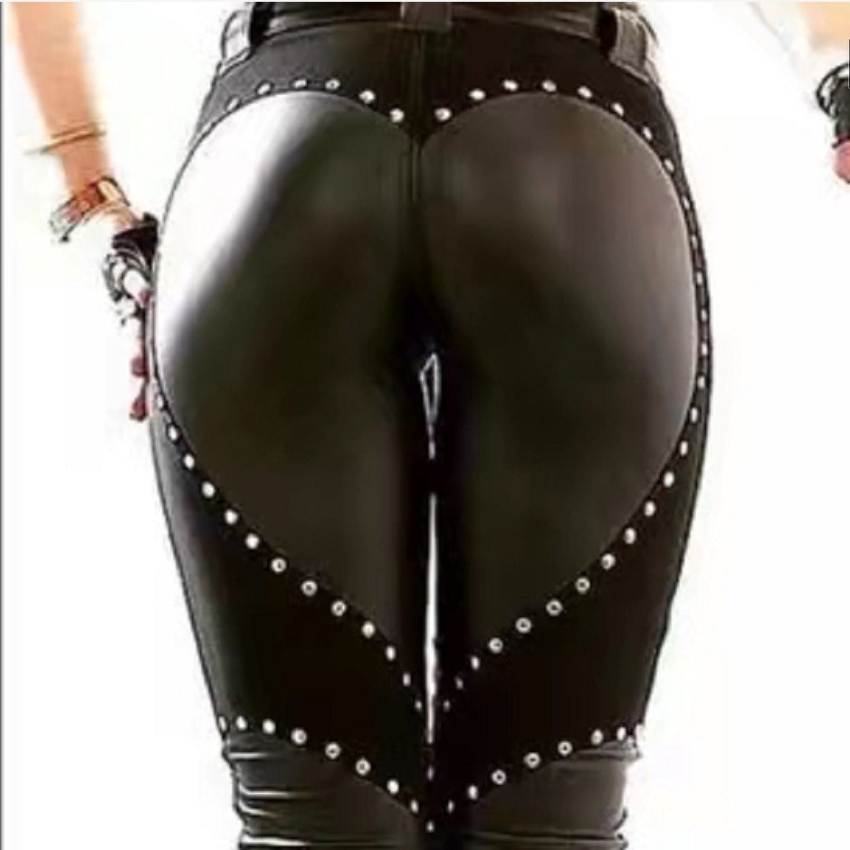 New Women's Riveted PU Leather Pants Solid Casual