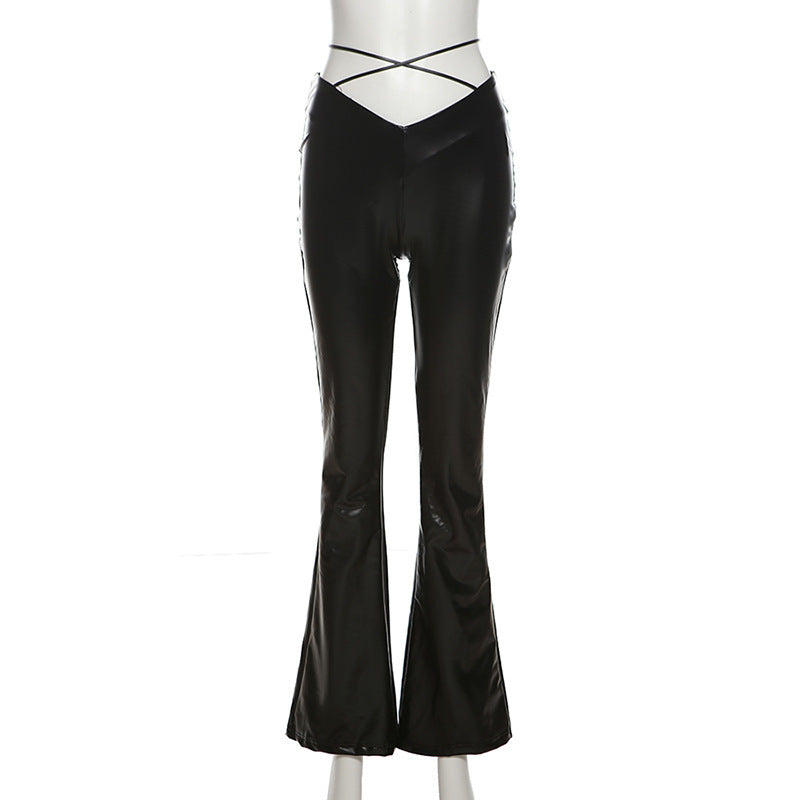 Fashion Women's New High-waisted Straight Tube Wide Leg Bandage Slim PU Leather Casual Pants