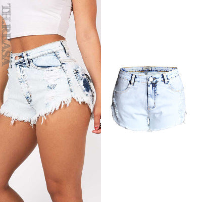 Ripped jeans til kvinder, høj talje, lyse farver, hvidt slidt vasket ulddenimshorts
