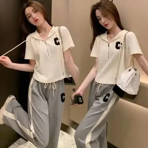 Oversized Loose Hooded Short-sleeve Fashion Two-piece Set