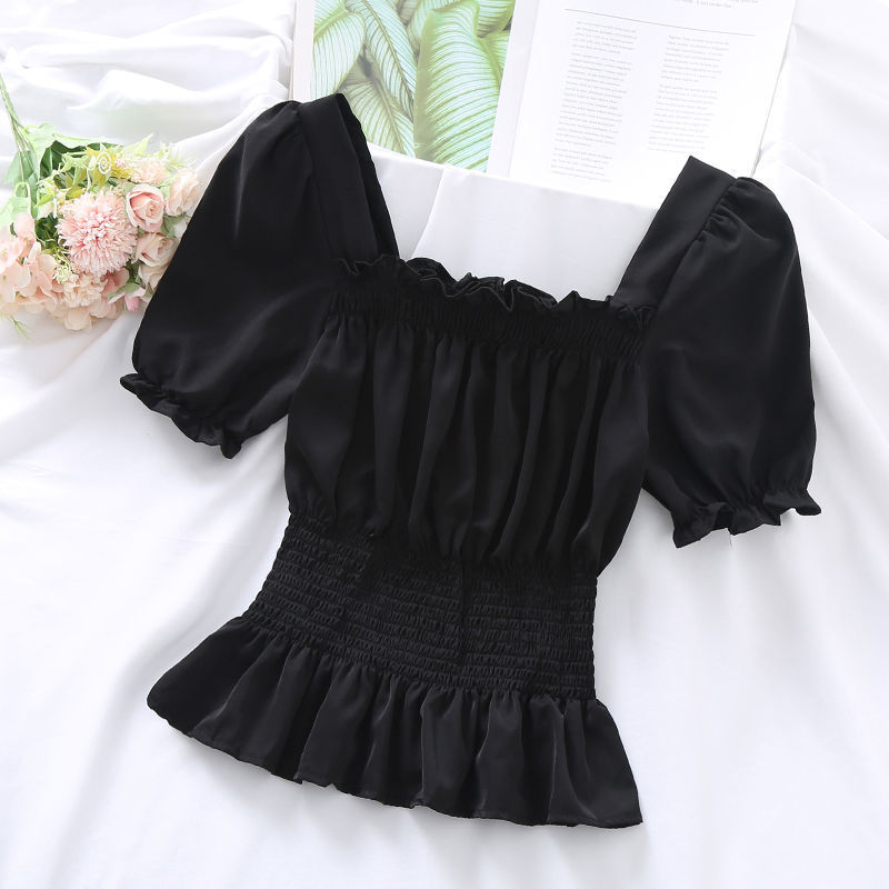 Summer New Design Sense Short Puff Sleeve Chiffon Shirt Women's Short Sleeve Square Collar Top