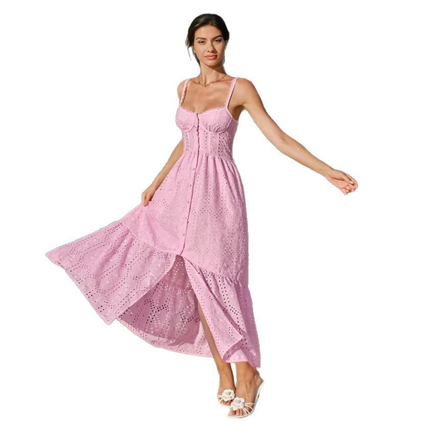 V-neck Slip Waist-Cinching A-Line Embroidered Hollow-Out Floral Dress