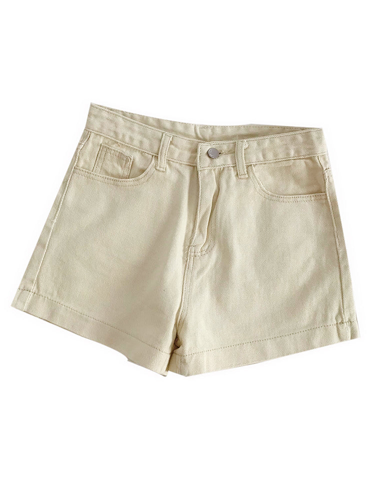 Simple Flanging High Waist Slim Straight Denim Shorts
