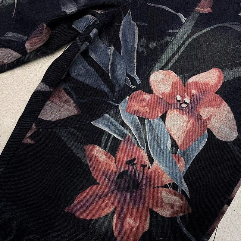 Spring New Literary Large Size Printed Denim Old Dad Pants