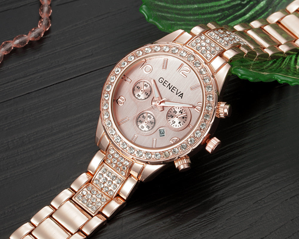 Diamond three-eye steel band calendar watch
