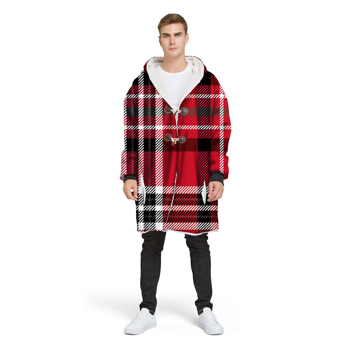 Fashion Plaid Men's Digital Printed Long Hooded Jacket
