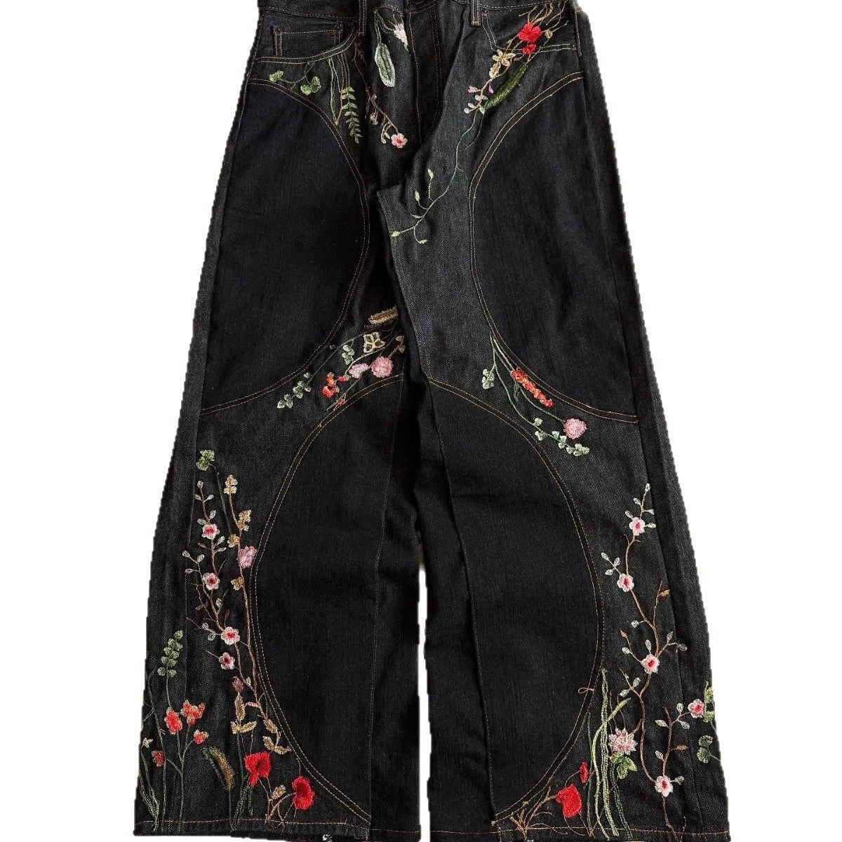 Stitching-design Floral-embroidered Jeans
