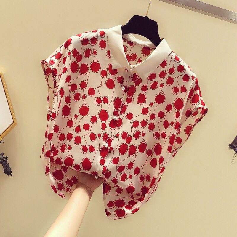 French Style Polka Dot Chiffon Shirt Short Sleeve Top