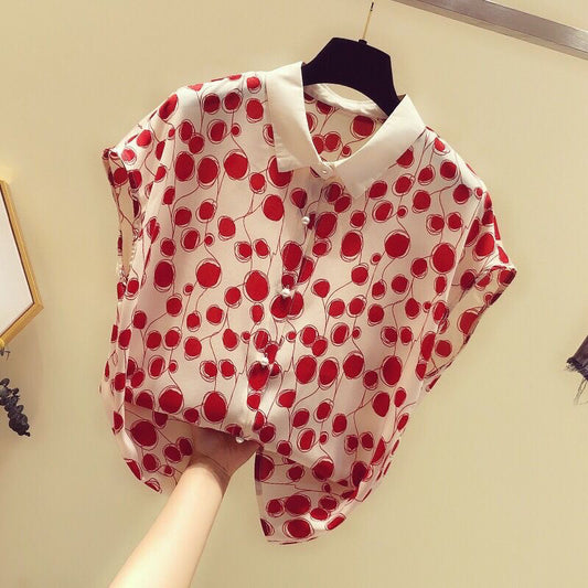 French Style Polka Dot Chiffon Shirt Short Sleeve Top