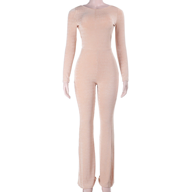 Womens Solid-Color Warm Long-Sleeve Sexy Fashionable Slim-Fit Jumpsuit