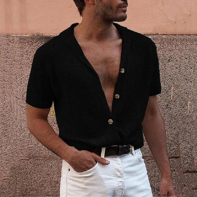 Men's Lapel Short Sleeved Sweater Thin Short Sleeved Sweater T Shirt