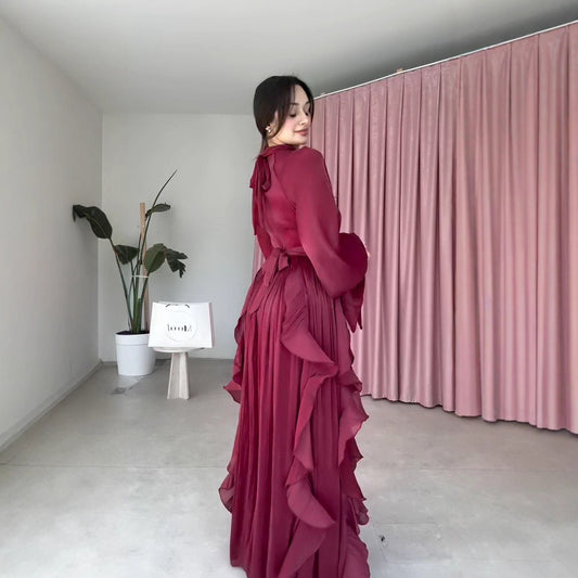 New Long-sleeved, Cinched-waist Vintage Maxi Dress With Ruffled Hem