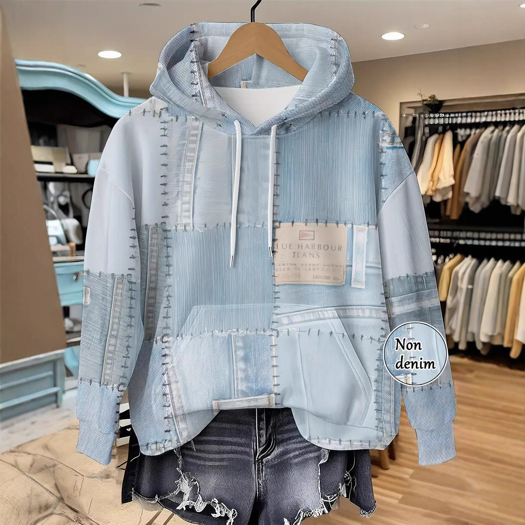 Womens Casual Pullover With Denim-Style Patchwork And Print