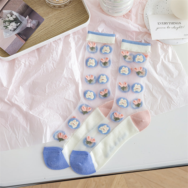 Pink Blue Tulip Glass Silk Pile Socks For Ladies