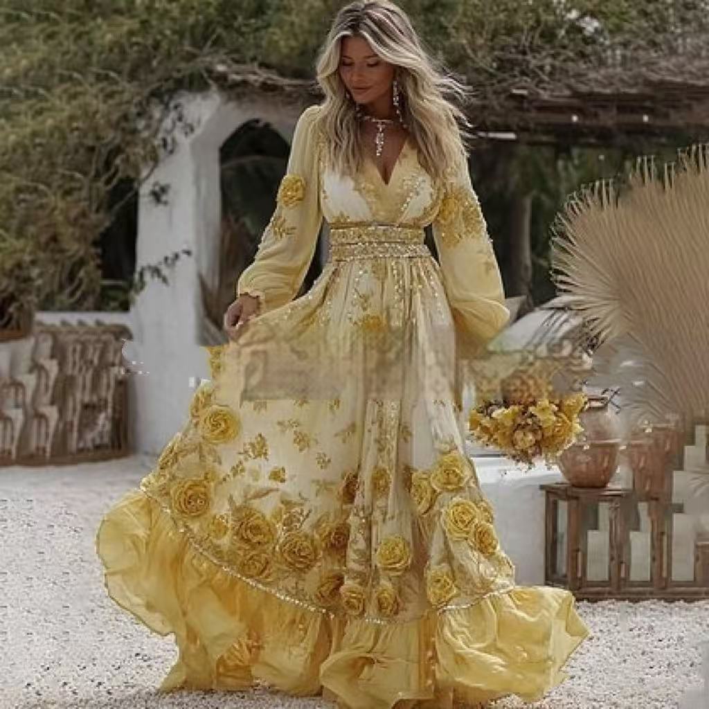 Kvinders Stilfulde og Elegante Blomstrede Langærmede Kjole