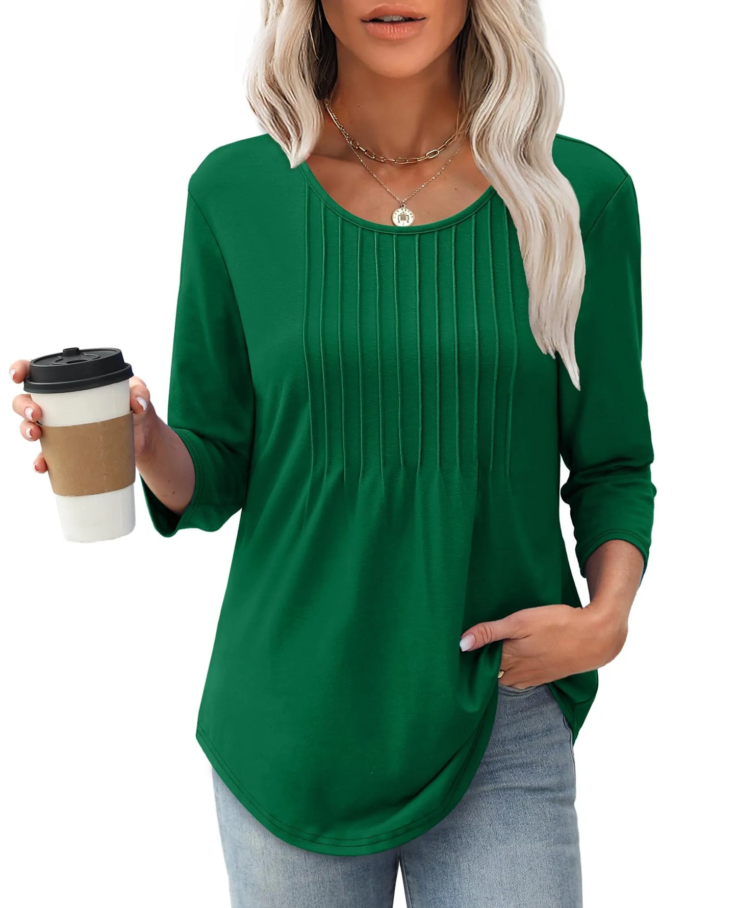 Women's Long Sleeve Top Fashion Casual Pleated Low Round Neck
