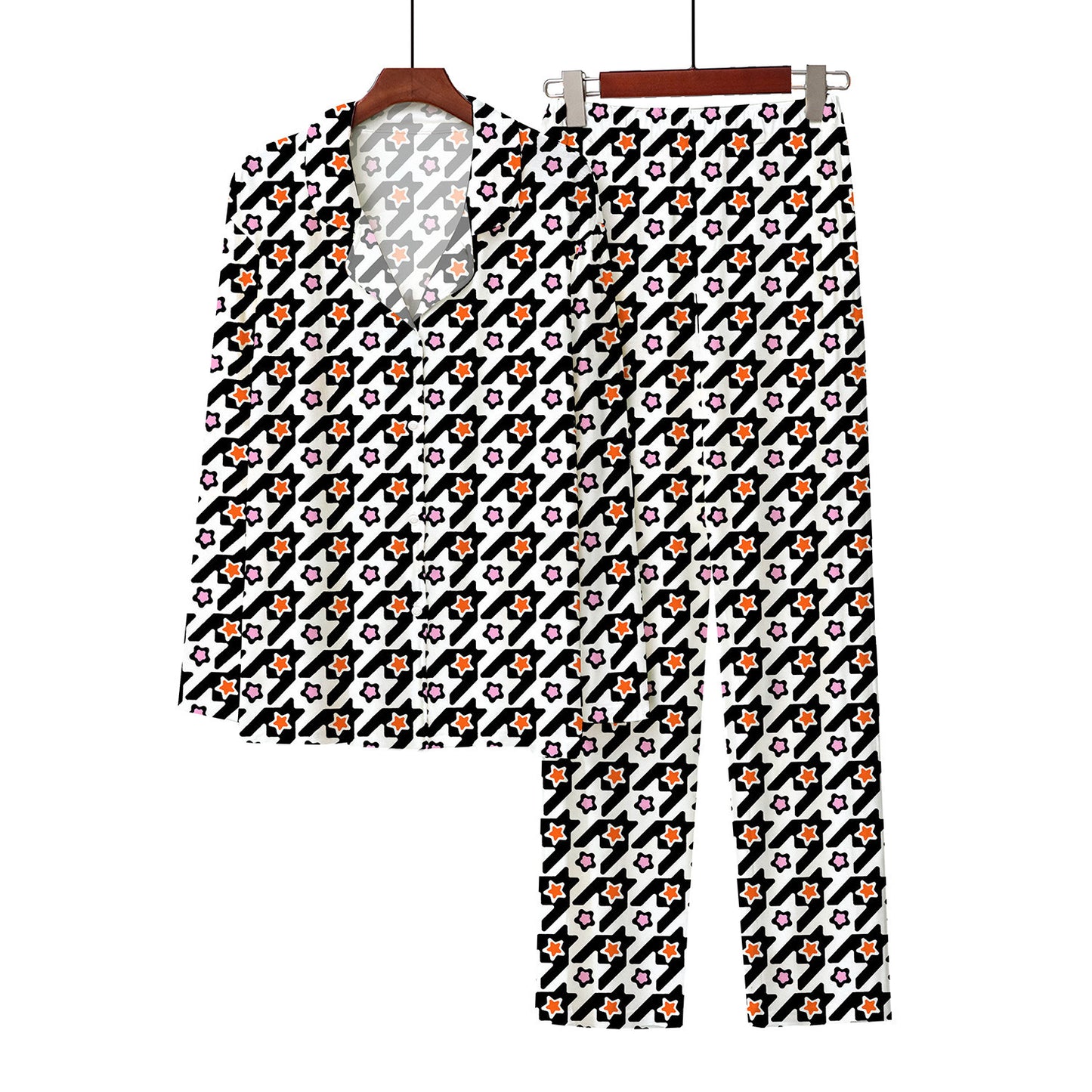 Printed-button Open-front Pajama Shirt And Pajama Pants