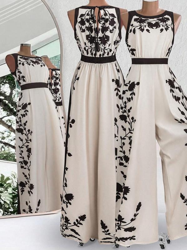 Elegant Sleeveless Womens Casual Printed Jumpsuit With Open Back