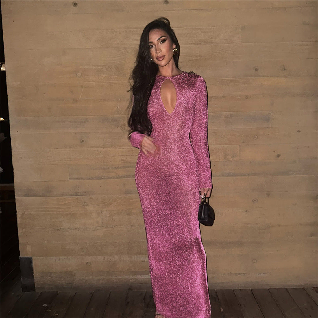 Forår Elegant Pendler Kjole Guldbelagt Sexet Udhulet Højtaljet Bodycon Slank Lang Kjole til Kvinder