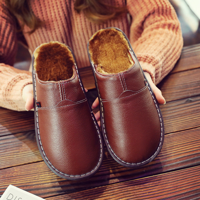 Pure Leather Thermal Cotton Slippers Couple Household Cowhide Waterproof
