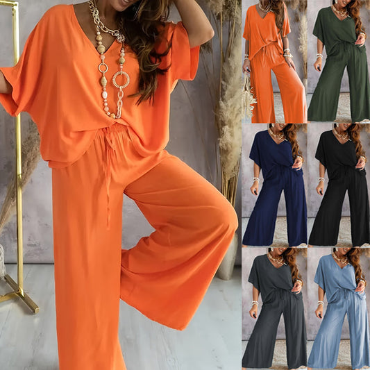 V-neck Batwing-sleeve Top And Loose Wide-leg Pants Solid-color Casual Womens Set