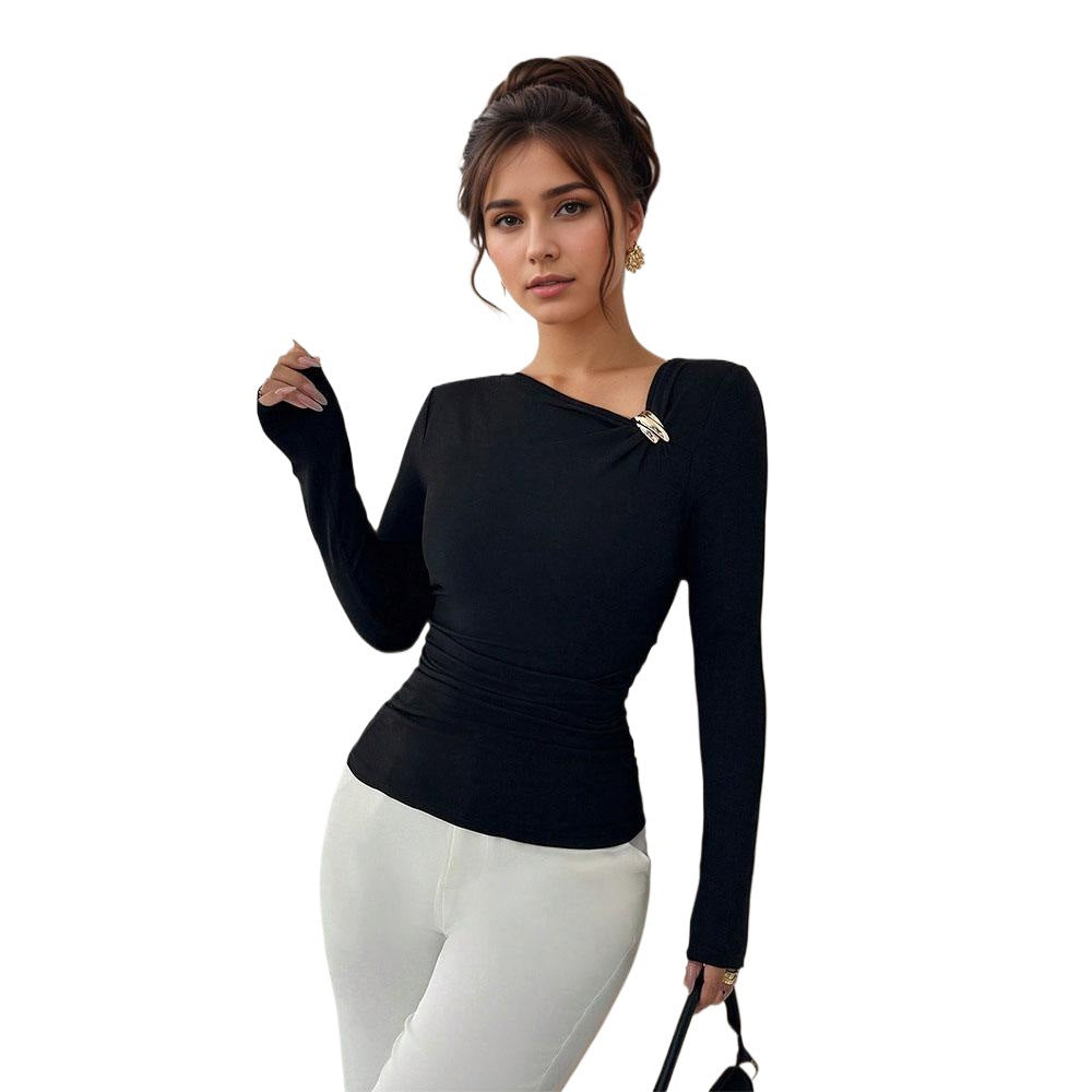 Oblique Collar Pleated Women's Stylish Slim New Slimming Spring And Autumn Base Shirt