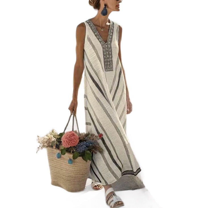 Printed Vacation-Style V-Neck Striped Sleeveless Dress