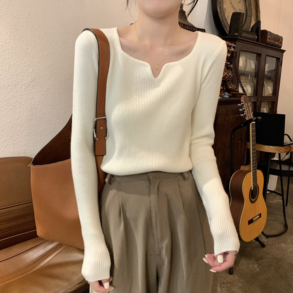 Slim Fit Square Collar Niche Female Knitting Sweater