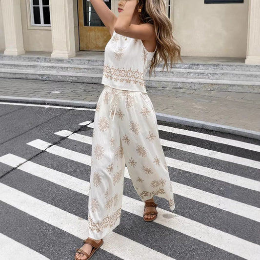 Printed Crew-Neck Sleeveless Tank Top And Pants Two-Piece Set