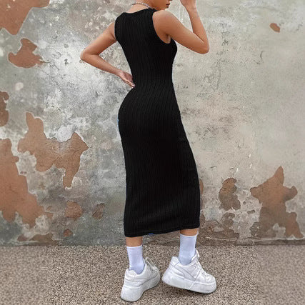 Solid Color Ribbed Matte Vest Style Long Dress Womens Style