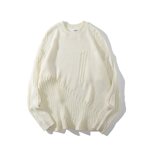 Ensfarvet Hulstrikket Herre Sweater med Rund Hals