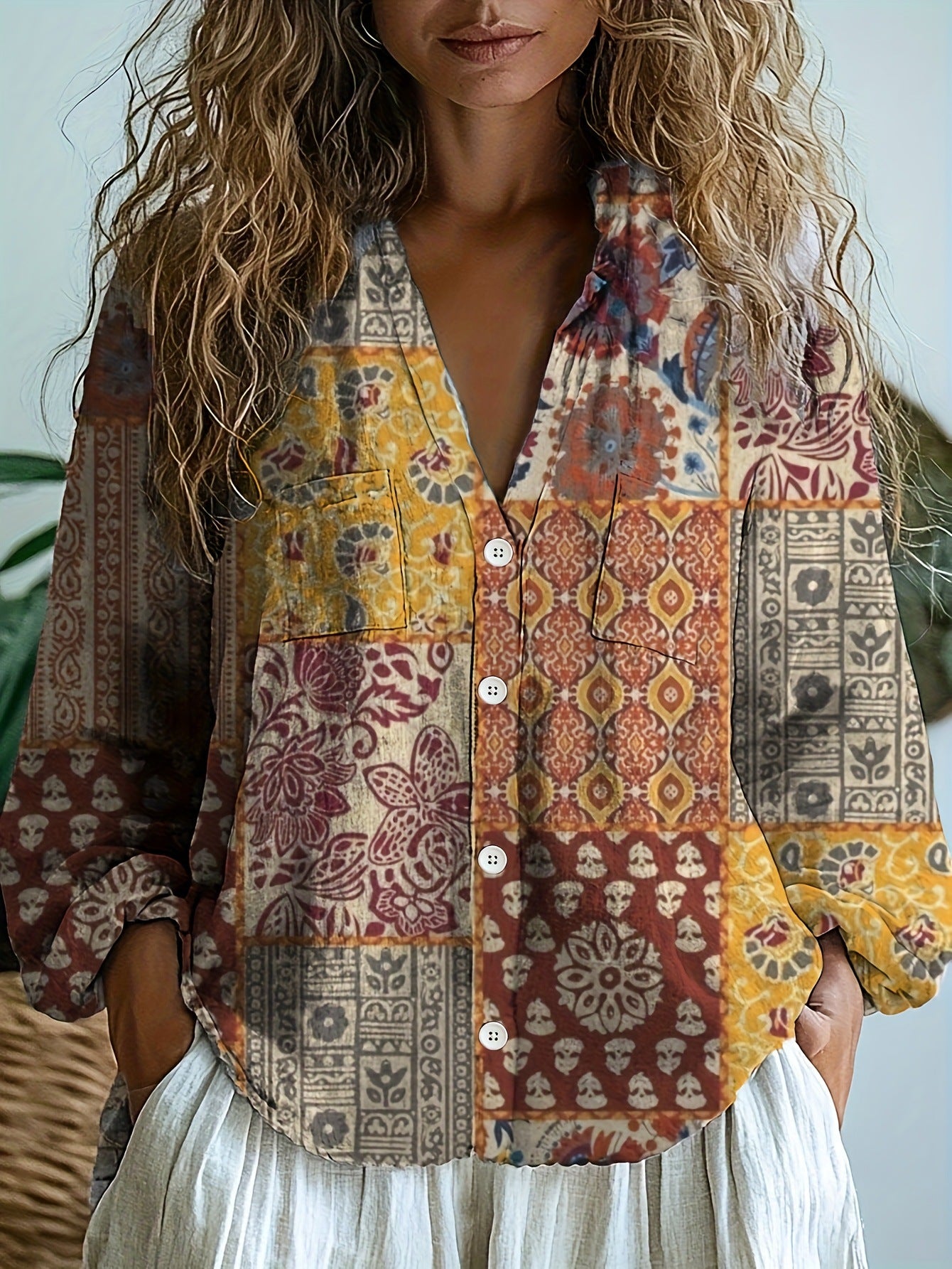 Ethnic-style Geometric-print Long-sleeve Womens Shirt