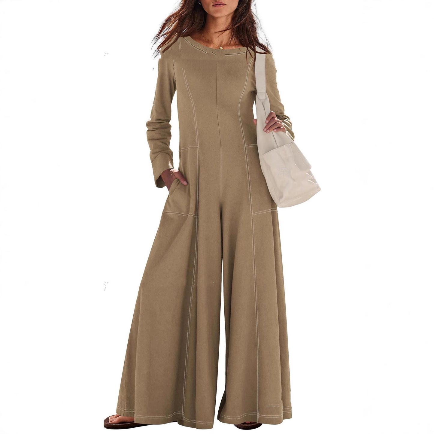 Women's Fashionable Casual Contrasting-Color Striped Long-Sleeve Jumpsuit