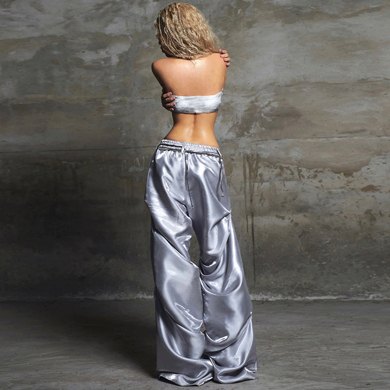 Satin Pleated Design-forward Printed High-waist Casual Pants