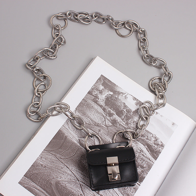 Functional Wind Dark Original Black Mini Earphone Bag Lock Small Square Bag Chain Messenger Bag