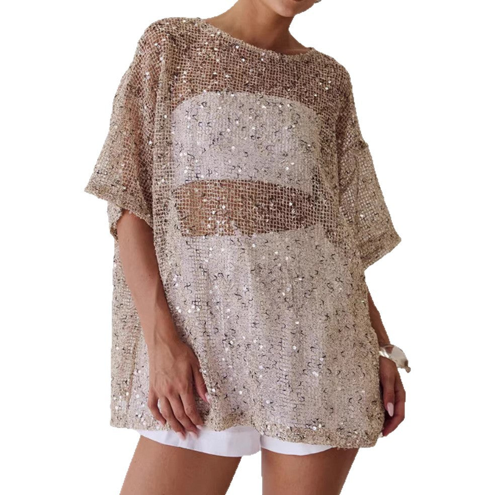 Women's Loose Sheer Mesh Sequin Blouse