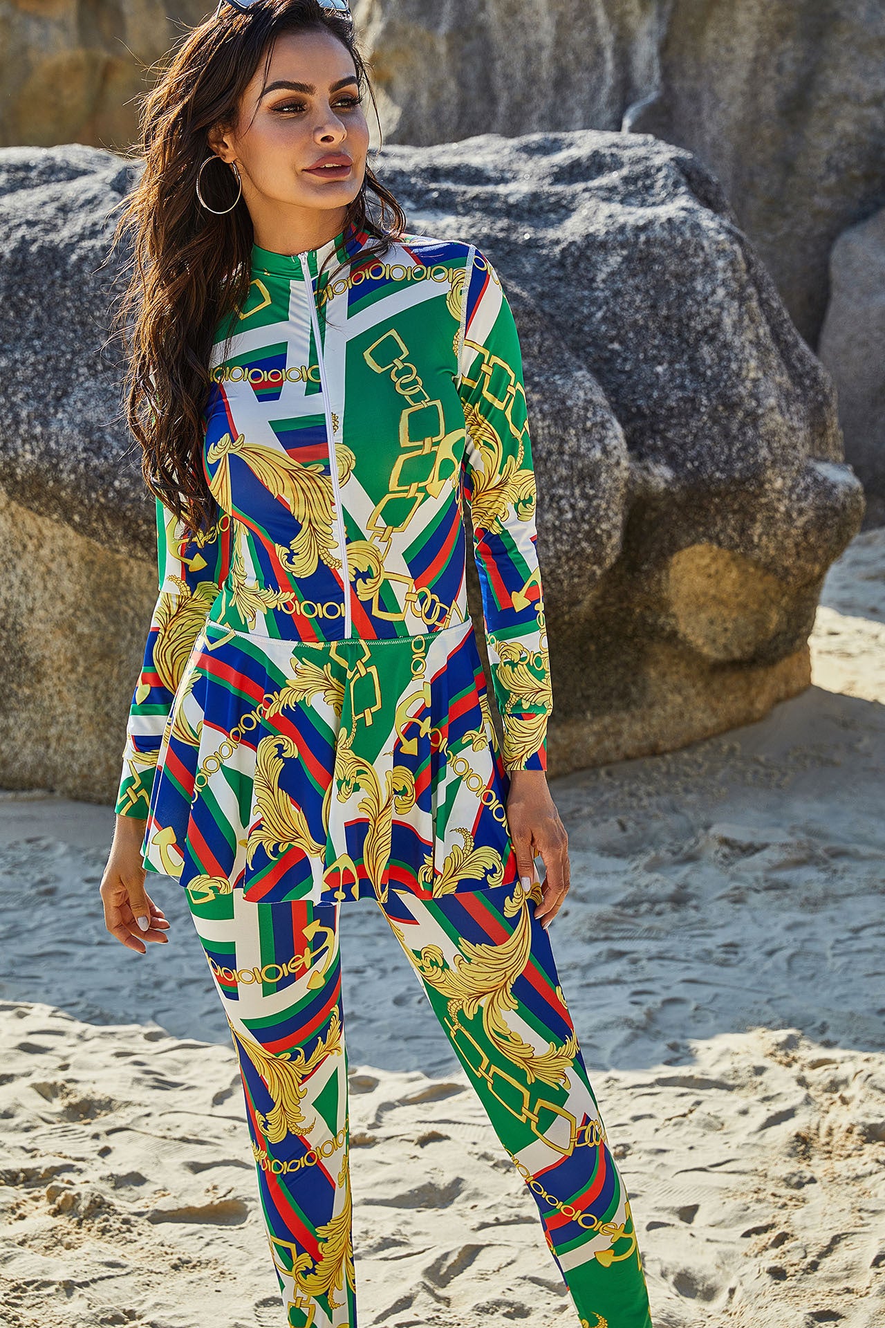 Womens Printed High-Neck Long-Sleeve Sun-Protective One-Piece Swimsuit