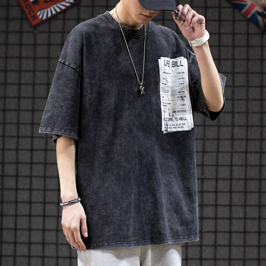 High Street Hip Hop Vintage Distressed Washed Loose Short Sleeve