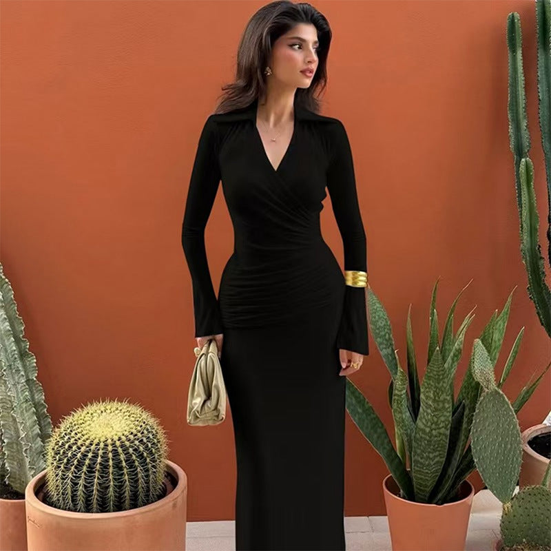 Womens Elegant Waist-cinching V-neck Long-sleeve Dress