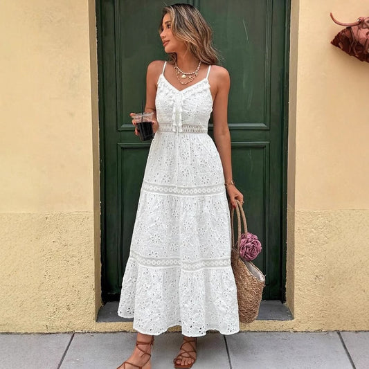 White V-collar Hollow Tassel Embroidered Dress