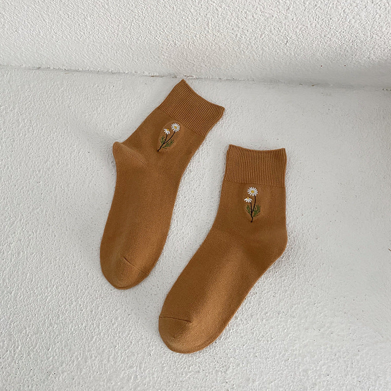 Japanese Candy Color Small Flower Embroidery Pile Socks